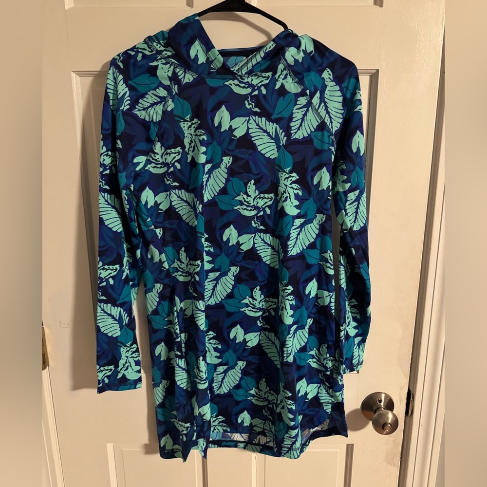 Women's LL Bean SunSmart UPF 50+ Sun Shirt Hooded Tunic Print Long Sleeve NWT